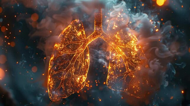 Video of pair of lungs made from glowing particles with smoke and burn effect.