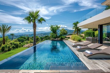 Fototapeta premium Idyllic modern French Riviera garden with wooden deck, palm trees, lounge chairs by the pool, blue sky, green grass, and rolling hills in summer.