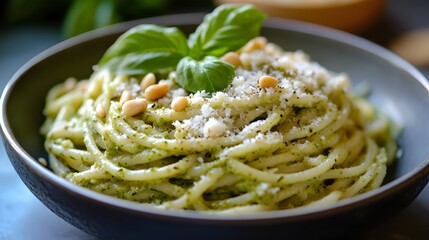 Appetizing Avocado Pesto Pasta Dish with Fresh Basil and Garlic Garnish