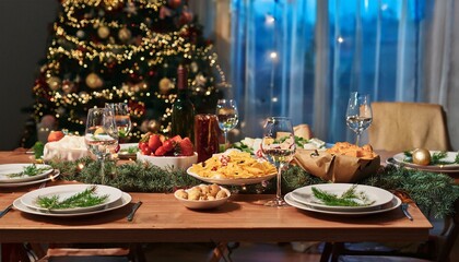 A beautifully decorated Christmas table with a wine bottle, wine glasses, dishes, and food.