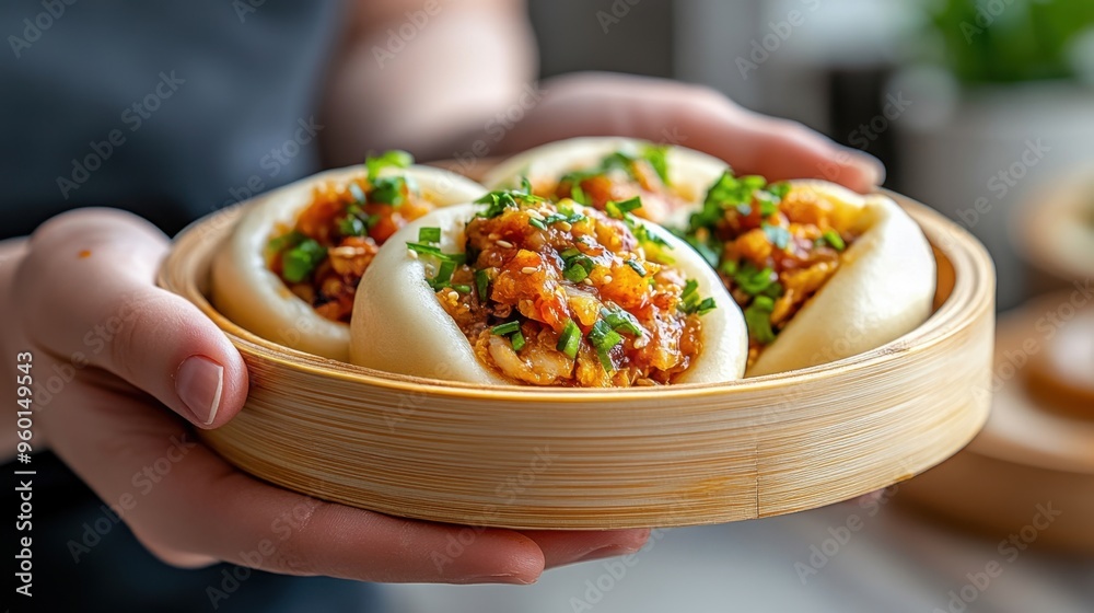 Wall mural a close-up of a hand holding a freshly made bao bun, the soft dough and savory filling steaming