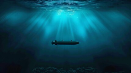 A sleek submarine glides silently through the deep blue waters, beams of light piercing the ocean's surface above.