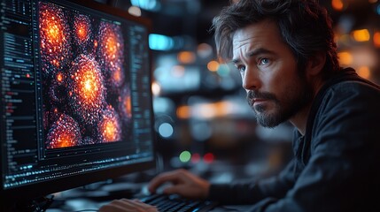 Digital artist creating a hyperrealistic 3D animation of a cellular process on a highperformance computer