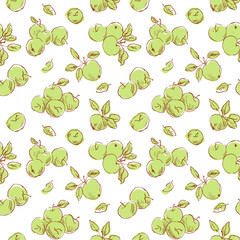 Seamless pattern with sketchy drawings of apples. Apple picking season concept, background template