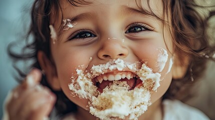Naklejka premium A joyful child covered in cake frosting, smiling widely and enjoying a sweet treat.