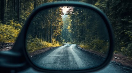 Reflection of the road scene in a mirror, showing the landscape.