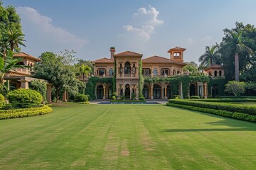 Fototapeta premium Wide angle view of luxury Noida villa front lawn with pool and gazebo, lush garden, modern architecture, and blue sky.