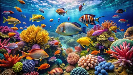 Vibrant Underwater Scene Showcasing A Variety Of Colorful Fish Species Swimming Amidst Coral And Aquatic Vegetation.