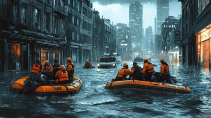 Dramatic illustration of rescue workers navigating flooded city streets in inflatable boats during heavy rainfall