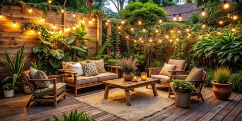 Fototapeta premium Cozy patio in a lush garden with wooden furniture, string lights, and potted plants