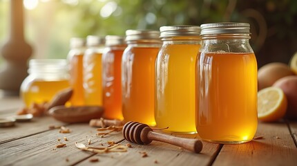 Side view of jars displaying various types of honey on a wooden surface