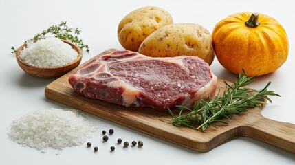 2h beef ribeye steak, two potatoes, pumpkin, a pile of rice on choppingboard, some herbs, salt around them,