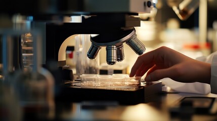 A laboratory scene with a microscope and petri dishes, indicating scientific research.