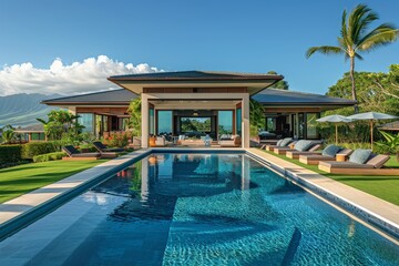 Wide shot of back patio and pool area with open concept white craftsman home, green accents, and blue sky, captured with Canon EOS.