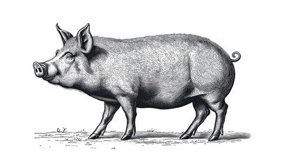 Pig, hog, boar. Vintage retro print, black white pig sketch ink pencil style drawing, linear drawing, engrave old school. Sketch artwork silhouette pig, hog, boar. Side view profile. Illustration