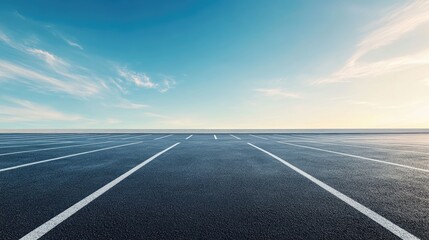 Fototapeta premium Empty parking lot with freshly painted white lines, wide open space with no cars, ideal for copy space and minimalistic design.
