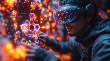 Digital artist using a haptic feedback device to sculpt a 3D model of a molecule in VR
