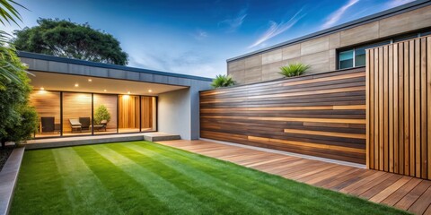 Fototapeta premium Modern backyard with wooden wall of house in the background