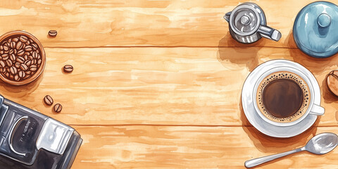 Fototapeta premium Coffee cup coffee beans and grinder on wooden table background illustration
