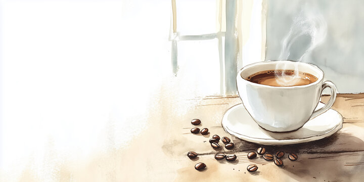 Steaming cup of coffee sitting on table by window