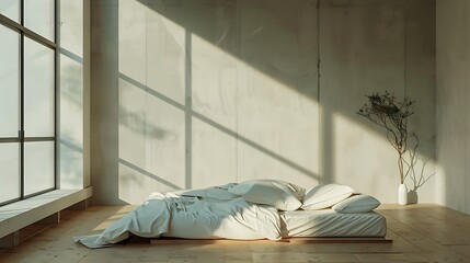 Write about the serene ambiance of a minimalist bedroom 