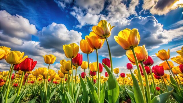 Vibrant yellow and red tulips sway gently in a lush green field under a clear blue sky with soft, puffy white clouds on a sunny day.