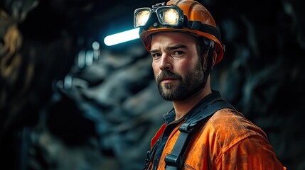 Fototapeta premium A miner in an underground setting, wearing safety gear and focused on his work.