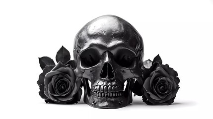 Monochromatic human skull with roses on white background