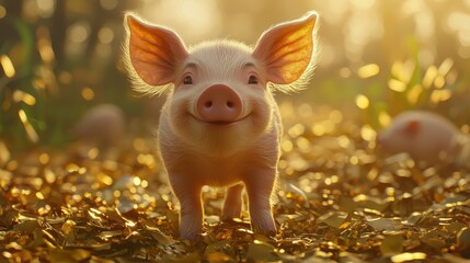 Fototapeta premium 4h photorealistic image of a piglet with happy face standing on golden road