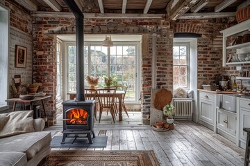 Rustic open plan living room with black steel wood stove, brick walls, white wooden floor, dining table, and natural fabric armchair.