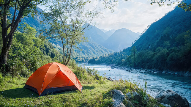 une tente de camping orange installée sur le bord d'une rivière dans une vallée montagneuse