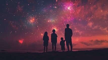 Fototapeta premium Family watching fireworks on a beach, silhouetted against a starry night sky with colorful sparks above