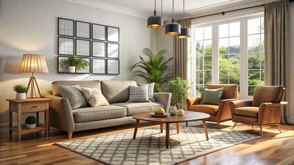 Soft plush sofa and accent armchair invitingly arranged in a conversational circle, paired with a warm, inviting area