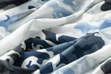 Obraz premium A closeup of soft blue camouflage fabric with a smooth and silky texture. The fabric is draped and folded, creating an abstract pattern of light and shadow.