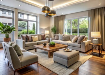 Soothing and inviting, this contemporary space boasts comfortable seating and neutral tones, providing an ideal setting