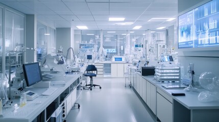 A modern laboratory filled with scientific equipment and workstations for research purposes.