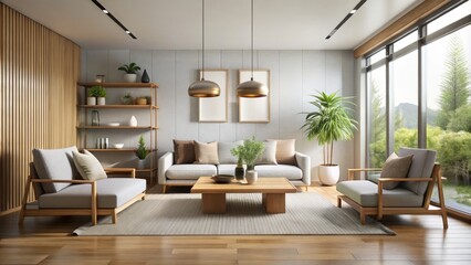 Fototapeta premium Soothing beige walls and soft lighting set the tone for balance, as furniture is arranged in a harmonious