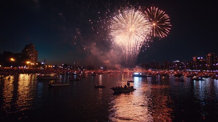Fireworks display at a riverside concert, with boats anchored and people enjoying the show