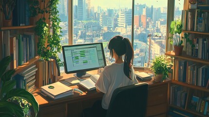 Lofi Girl Student Studying at Desk with Book Anime Manga Style Wallpaper Background - Aesthetic Serene Calm Cozy Chill
