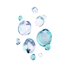 Set of bubbles. 3D Soap bubble floating on transparent background. Soap green transparent balloon. 3D Rendering. Render of glass circle liquid object, soap water bubble with reflection. PNG