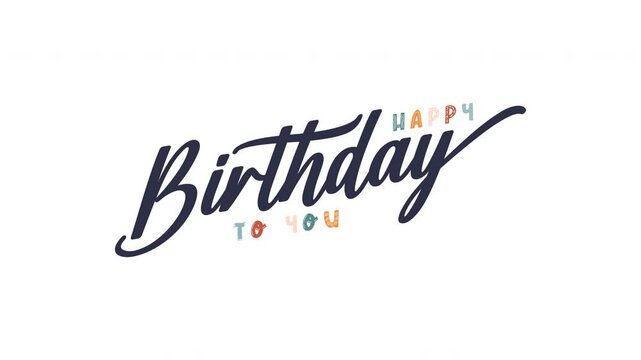 Happy Birthday animation text handwriting in cursive dark blue on white background. Perfect for birthday invitations, greeting cards, social media posts and opening vlog birthday celebration.