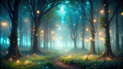 Obraz premium Mysterious fantasy forest at night with ethereal glowing lights