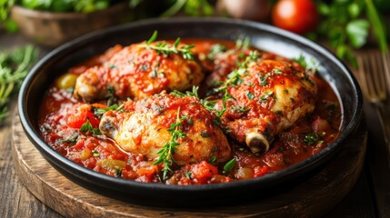 Traditional chicken cacciatore with tomato sauce, beautifully presented.