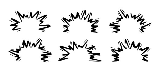 Doodle boom effect. Vector comic bomb explosion. Hand drawn energy hit, speed crash with sparks. Power action elements set for manga and anime.
