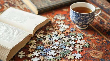 A jigsaw puzzle being assembled on a coffee table, with a cup of tea and a book nearby