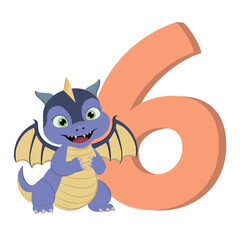 Cute cartoon dragon with number 6 for birthday.