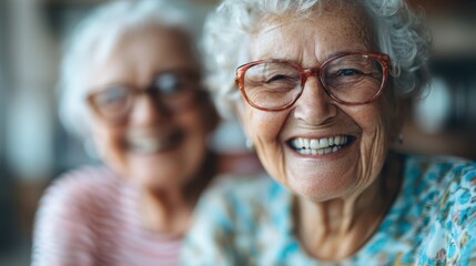 A joyful elderly woman with curly white hair wearing glasses, smiling brightly, capturing the essence of happiness and contentment in a warm and cozy setting.