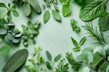 An assortment of green herbs, leaves, and plants artistically arranged in a circular frame on a light green background.