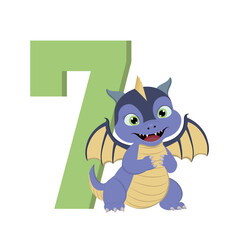 Cute cartoon dragon with number 7 for birthday.