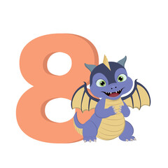 Cute cartoon dragon with number 8 for birthday.